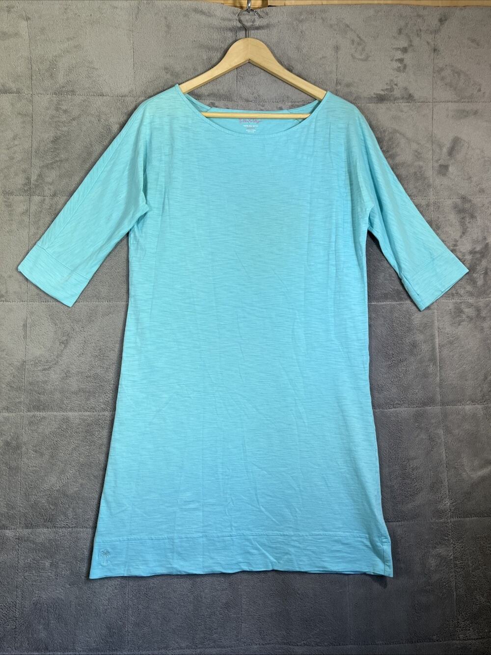 Lilly Pulitzer Dress Medium Aqua Cassie Slub Pima Cotton 3/4 Sleeve Boat Neck
